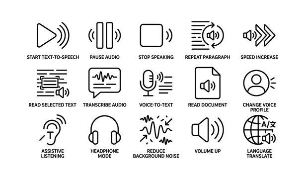 Audio control icons for assistive technology and language translation