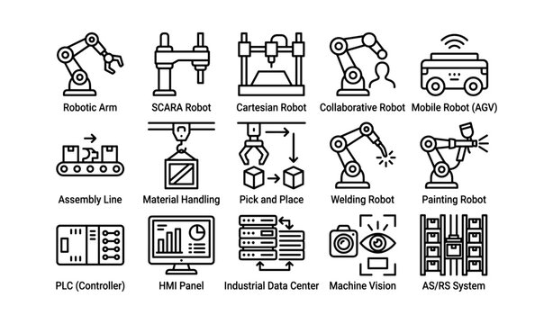 Industrial robots and automation icons set - scara, cartesian, collaborative, agv, assembly line