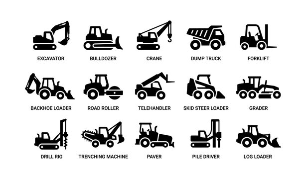 Silhouettes of various heavy machinery and construction vehicles