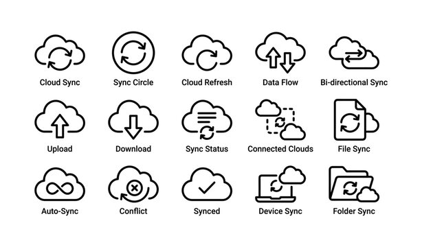 Cloud sync and data flow icons with upload download and device connectivity