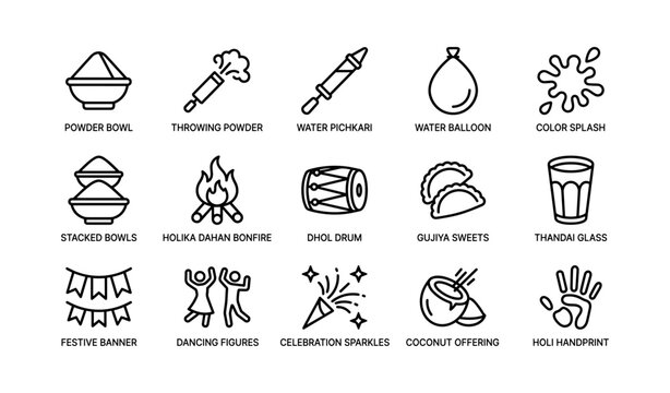 Holi festival icons: powder, water balloon, dhol, gujiya, dancing figures