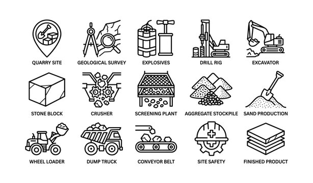 Icons of quarrying and mining equipment and processes