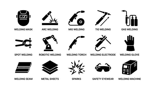 Welding techniques and safety equipment icons: mask, mig, tig, glove, torch