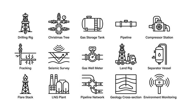 Icons of oil and gas industry equipment and processes