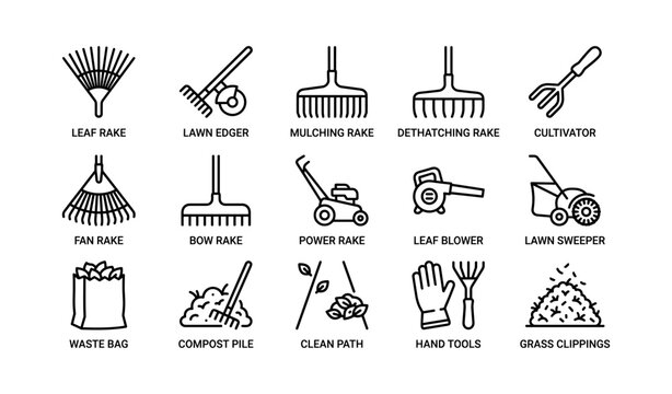 Garden tools icons: rakes, cultivator, blower, waste bag, hand tools