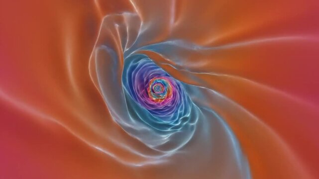 Abstract colorful swirling vortex tunnel with water ripple effects flowing towards center representing space travel or time travel concept