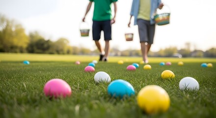 Obraz premium Easter sunday fun with kids on a sunny day searching for easter eggs