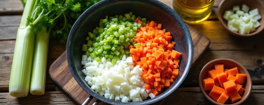 Chopped vegetables including carrots celery onions in pan. Fresh ingredients ready for cooking italian soffritto base. Healthy meal prep on wooden table.