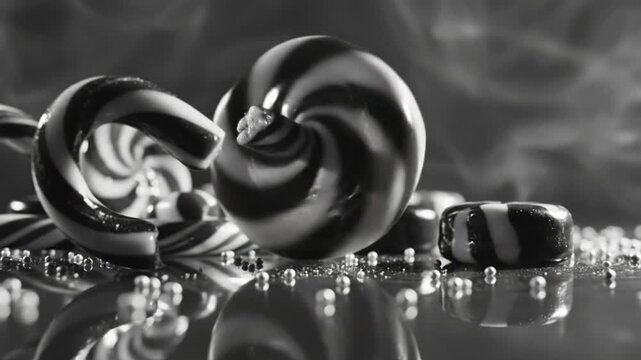 Black and white close-up of holiday candy display, showcasing swirling peppermint and other festive sweets