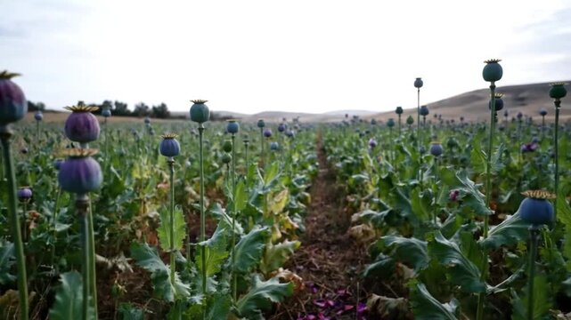 Low-angle view of a vast opium poppy field with rows of plants and seed heads under a cloudy sky.