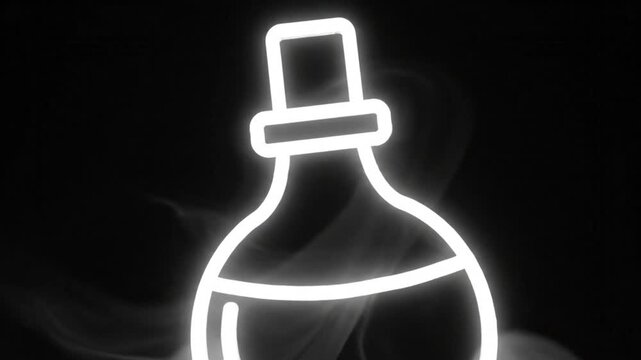 Mysterious glowing neon outline of a potion bottle surrounded by swirls of atmospheric smoke on a dark background