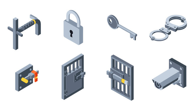 Isometric security icon set with lock key handcuffs and cctv camera