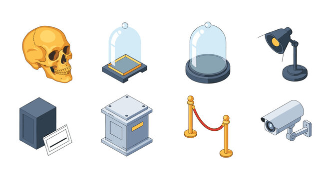 Museum artifact display elements with isometric design and security