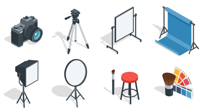 Isometric photography equipment set: camera tripod lighting and