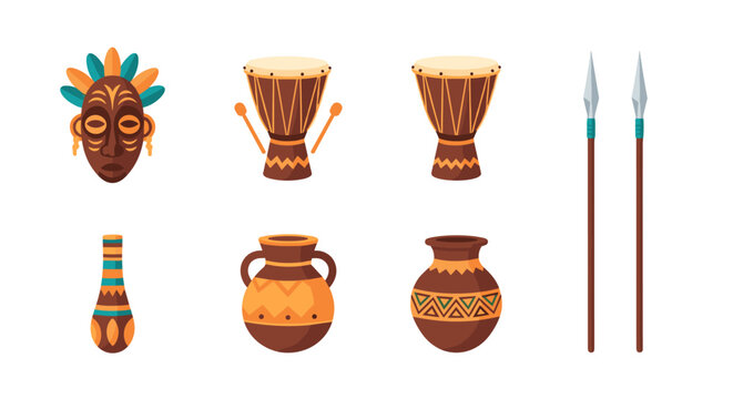 Traditional african symbols: masks drums spears and ceramics in a