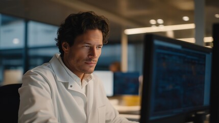 Fototapeta premium Bioinformatics specialist analyzes polygenic risk score algorithms on multiple monitors, genetic data visualization showing disease prediction models, advanced laboratory setting, ideal for