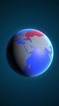 The animation shows a graphic representation of the earth and highlights the location and map of Russian Federation colored red in vertical format.