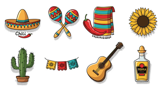 Playful mexican culture elements: sombrero maracas cactus tequila in