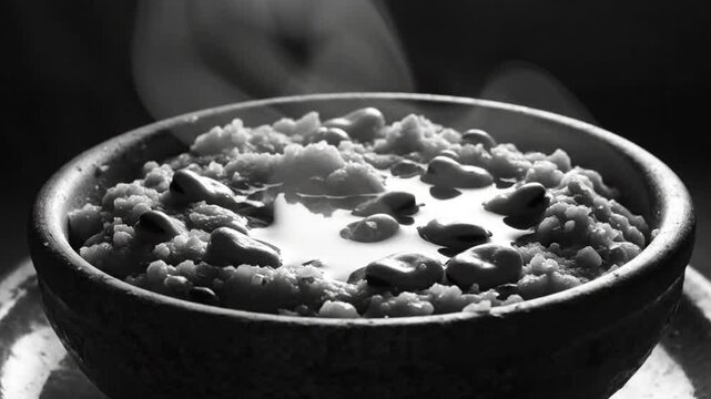 Steaming Bowl of Traditional Fava Beans or Ful Medames Food in Black and White Photography