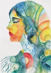 Abstract Female Profile Watercolor Portrait, Hand Painted Artistic Face with Organic Shapes and Vibrant Color Flow © pronoia
