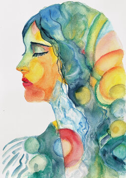 Abstract Female Profile Watercolor Portrait, Hand Painted Artistic Face with Organic Shapes and Vibrant Color Flow