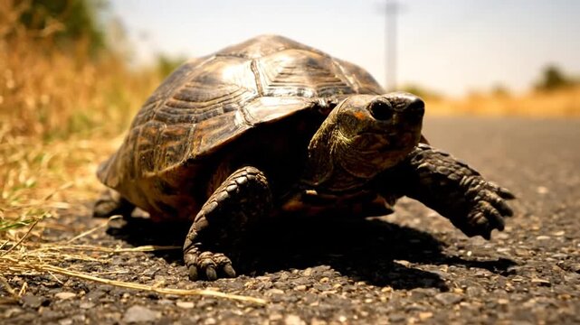 Low-angle shot of a tortoise walking slowly across a sunlit paved road on a bright summer day