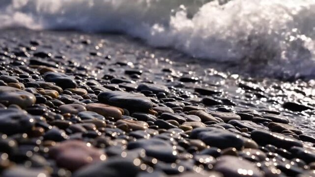 Waves gently washing over a glistening pebble beach in the soft sunlight creating a peaceful, natural scene