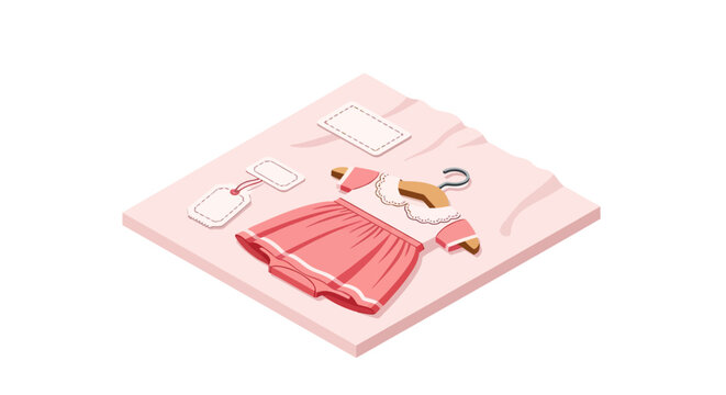 Isometric doll dress card with matching pink outfit and accessories