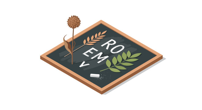 Chalkboard art with dried flowers and green leaves in an isometric sty