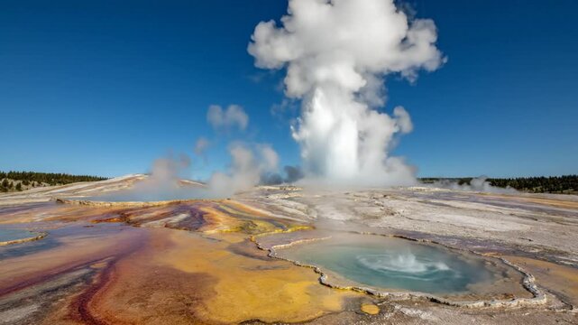 Epic geyser eruption with hot springs and colorful mineral deposits in a geothermal area against a blue sky