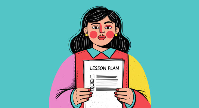 Teacher holding lesson plan document in classroom, education illustration