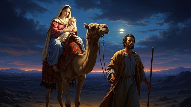 Biblical journey, Holy Family's desert journey, Mary and Jesus on camel, Joseph guides through dark night, seeking refuge, divine protection, ancient spiritual escape