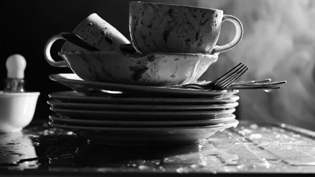 Dirty dishes with water dripping in monochrome closeup showing the drudgery of cleaning after a meal