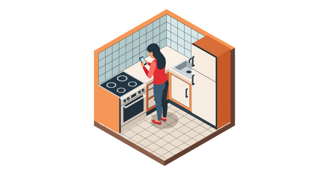 Isometric kitchen scene with woman cooking in modern design