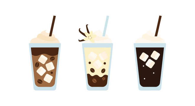 Trio of iced coffee drinks with cream and ice cubes in glasses