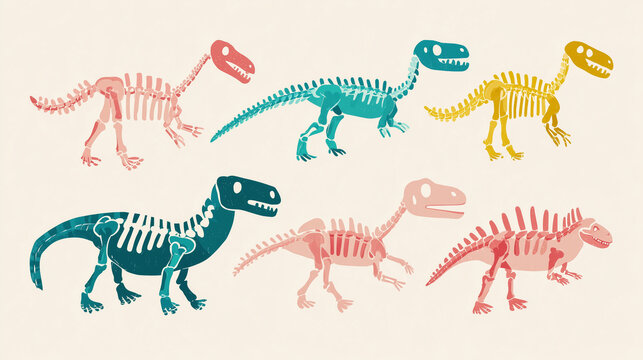 Flat illustration of colorful naive cartoon dinosaur skeletons, perfect for children's books, educational materials, or playful decor.