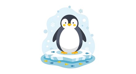 Obraz premium Cute cartoon penguin standing on an iceberg with small fish swimming around in a winter wonderland scene