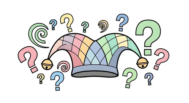 Whimsical Jester's Hat Adorned with Bells Surrounded by Colorful Question Marks and Swirls, Symbolizing Puzzles, Riddles, and Creative Problem-Solving