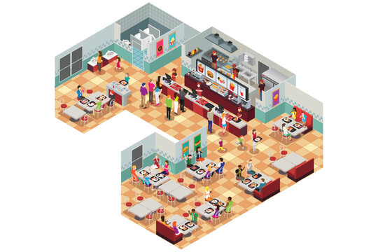 Isometric Interior of Fast Food Restaurant Vector Illustration