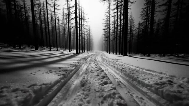Black and white winter forest trail leading to a bright light shrouded in mist and fog