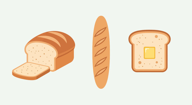 Minimalist bread icon set featuring loaf, baguette, and toast with butter