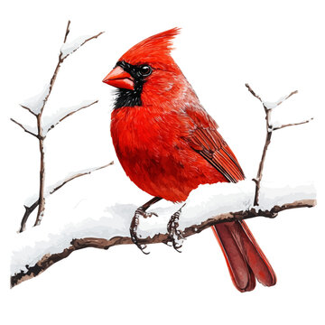 Red Cardinal On Snow Branch, playful watercolor vector painting with subtle shadowing and soft gradients, isolated on a white background.