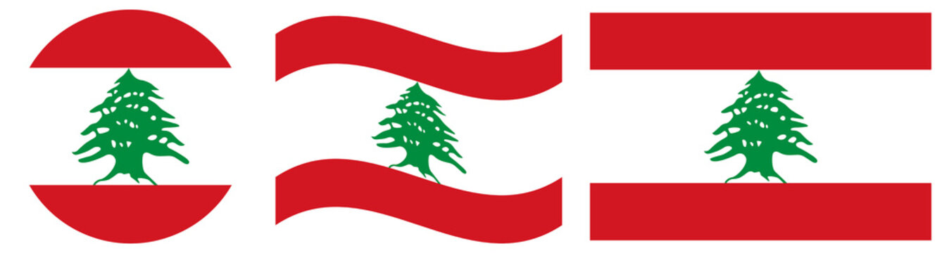 Lebanon flags collection, set. Round flag of Lebanon isolated in circle shape, waving flag isolated.