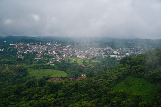 Landscape view of the magic town of Cuetzalan, Puebla, Mexico on a beautiful cloudy day