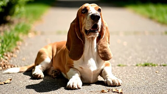 Adorable basset hound dog resting on a paved path outdoors with large floppy ears and tongue out in the sunshine