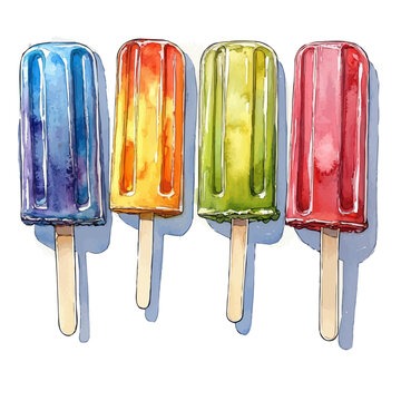 Popsicle Collection Bright Colors, playful watercolor vector painting with subtle shadowing and soft gradients, isolated on a white background.