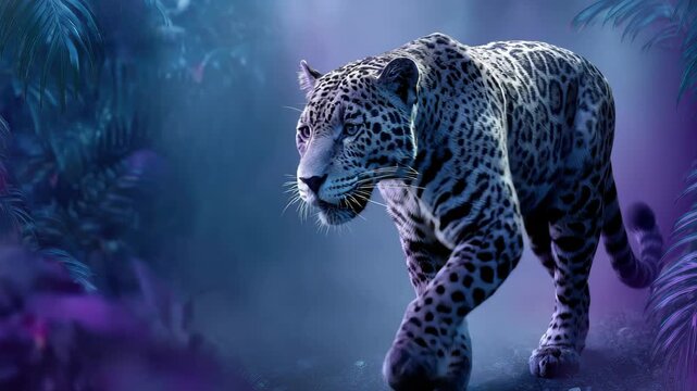 Leopard prowling through misty neon jungle at night cinematic blue purple lighting 60 FPS