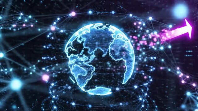 Digital glowing Earth globe with network connections and growing pink arrow indicating global growth and progress