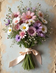 Obraz premium Mixed wildflowers in pastel pink purple and white hues arranged in a rustic bouquet. Stems tied with a pale peach ribbon against textured background. Perfect for spring decor or wedding celebration.