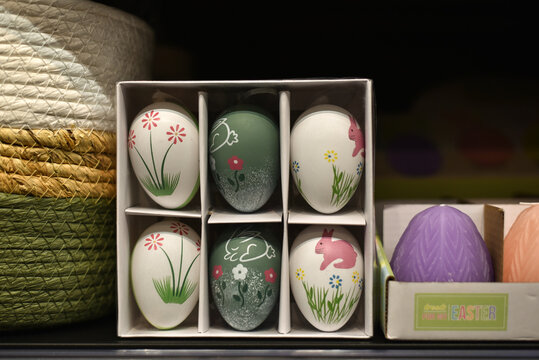 Easter holiday. Easter decorative eggs in a decor store.	
